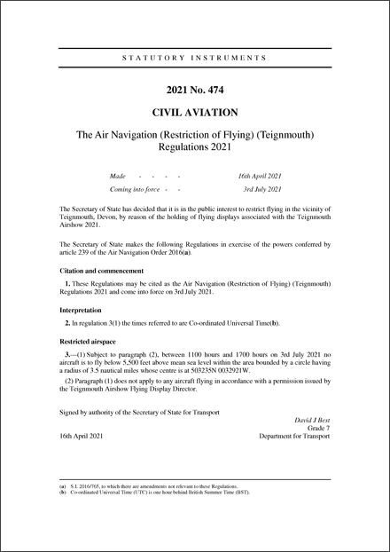 The Air Navigation (Restriction of Flying) (Teignmouth) Regulations 2021