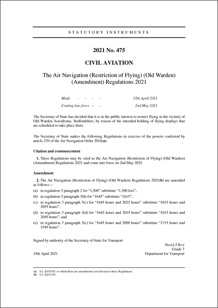 The Air Navigation (Restriction of Flying) (Old Warden) (Amendment) Regulations 2021