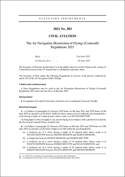 The Air Navigation (Restriction of Flying) (Cornwall) Regulations 2021