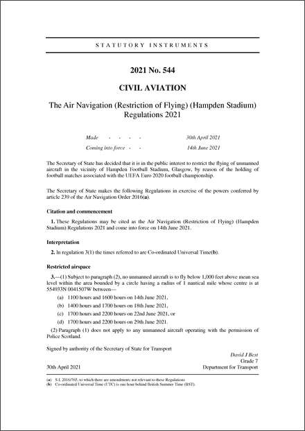 The Air Navigation (Restriction of Flying) (Hampden Stadium) Regulations 2021