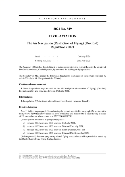 The Air Navigation (Restriction of Flying) (Duxford) Regulations 2021