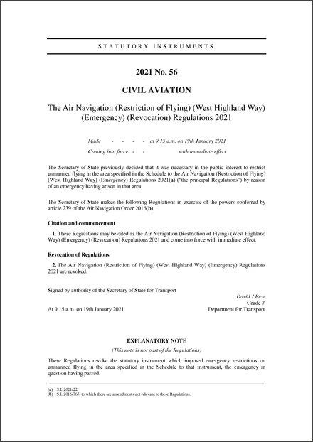 The Air Navigation (Restriction of Flying) (West Highland Way) (Emergency) (Revocation) Regulations 2021