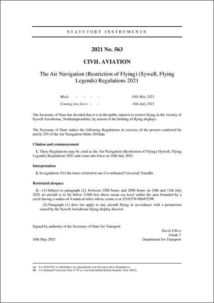 The Air Navigation (Restriction of Flying) (Sywell, Flying Legends) Regulations 2021