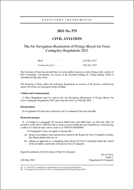 The Air Navigation (Restriction of Flying) (Royal Air Force Coningsby) Regulations 2021