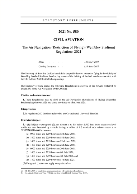 The Air Navigation (Restriction of Flying) (Wembley Stadium) Regulations 2021
