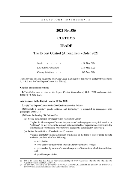 The Export Control (Amendment) Order 2021