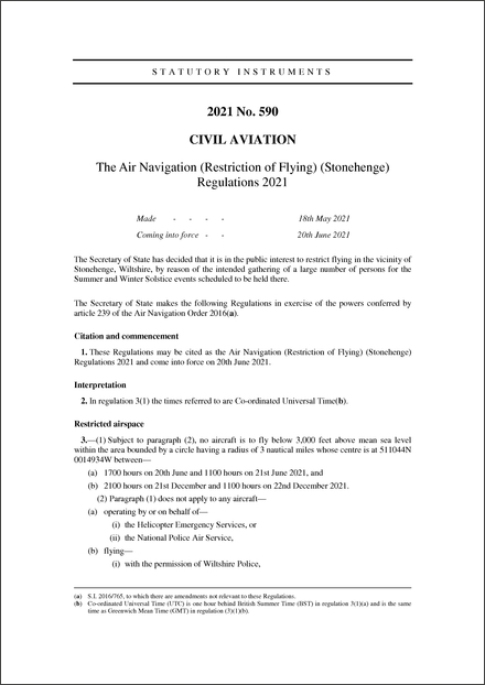 The Air Navigation (Restriction of Flying) (Stonehenge) Regulations 2021