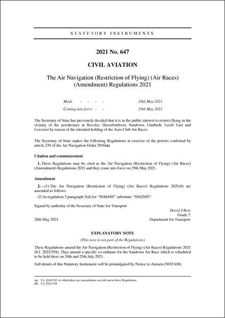 The Air Navigation (Restriction of Flying) (Air Races) (Amendment) Regulations 2021