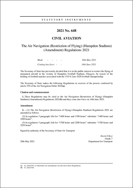 The Air Navigation (Restriction of Flying) (Hampden Stadium) (Amendment) Regulations 2021