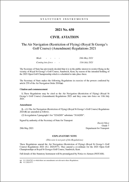 The Air Navigation (Restriction of Flying) (Royal St George’s Golf Course) (Amendment) Regulations 2021