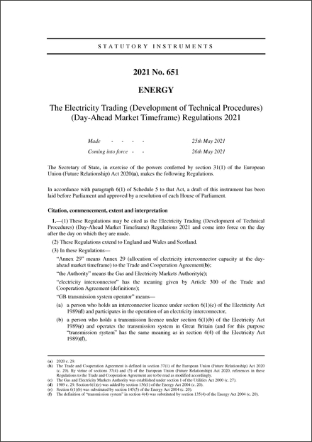 The Electricity Trading (Development of Technical Procedures) (Day-Ahead Market Timeframe) Regulations 2021