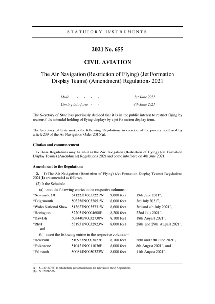 The Air Navigation (Restriction of Flying) (Jet Formation Display Teams) (Amendment) Regulations 2021