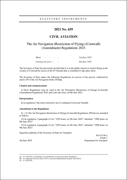 The Air Navigation (Restriction of Flying) (Cornwall) (Amendment) Regulations 2021