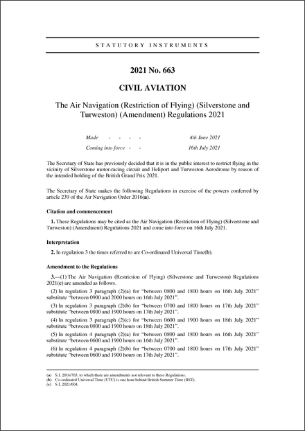 The Air Navigation (Restriction of Flying) (Silverstone and Turweston) (Amendment) Regulations 2021