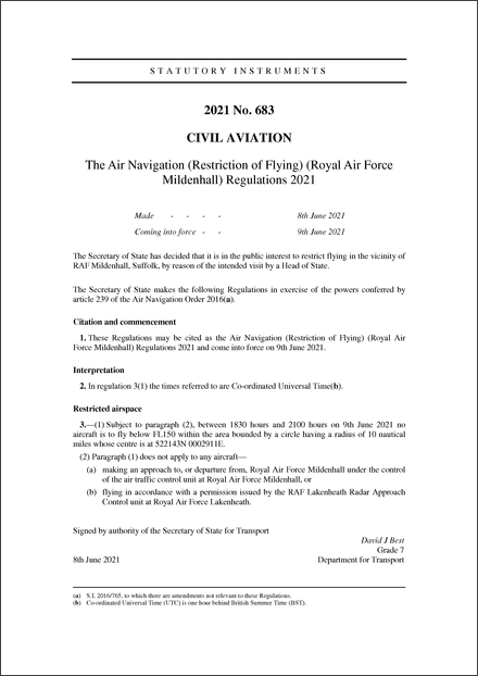 The Air Navigation (Restriction of Flying) (Royal Air Force Mildenhall) Regulations 2021