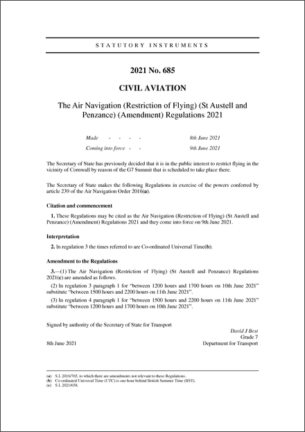 The Air Navigation (Restriction of Flying) (St Austell and Penzance) (Amendment) Regulations 2021