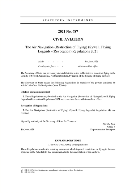 The Air Navigation (Restriction of Flying) (Sywell, Flying Legends) (Revocation) Regulations 2021