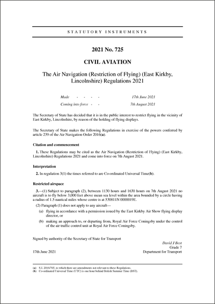 The Air Navigation (Restriction of Flying) (East Kirkby, Lincolnshire) Regulations 2021