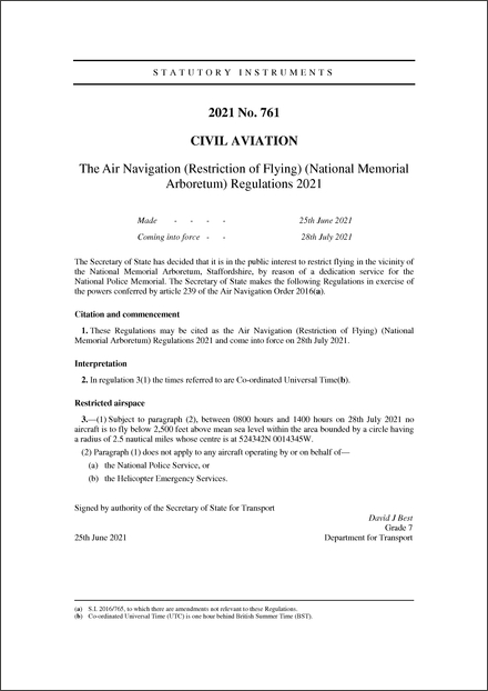 The Air Navigation (Restriction of Flying) (National Memorial Arboretum) Regulations 2021