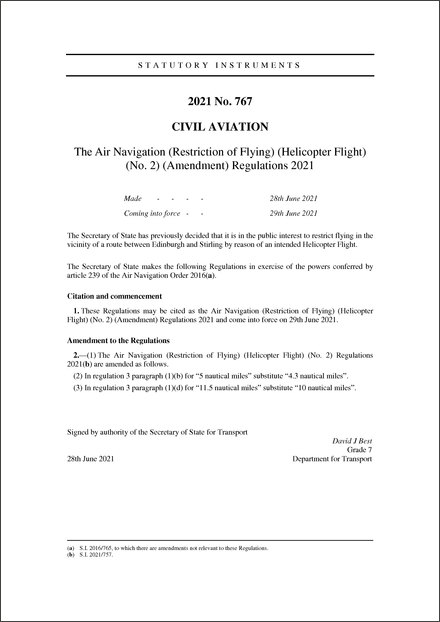 The Air Navigation (Restriction of Flying) (Helicopter Flight) (No. 2) (Amendment) Regulations 2021