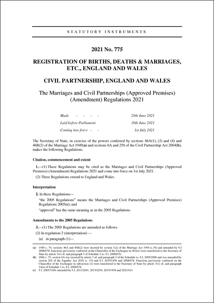 The Marriages and Civil Partnerships (Approved Premises) (Amendment) Regulations 2021