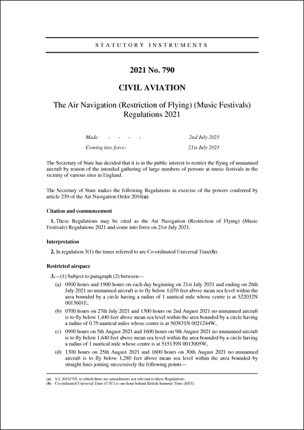 The Air Navigation (Restriction of Flying) (Music Festivals) Regulations 2021