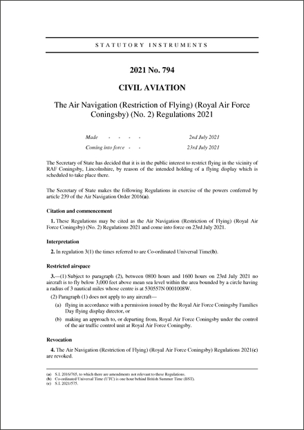 The Air Navigation (Restriction of Flying) (Royal Air Force Coningsby) (No. 2) Regulations 2021
