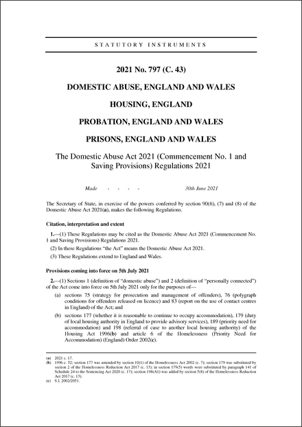 The Domestic Abuse Act 2021 (Commencement No. 1 and Saving Provisions) Regulations 2021