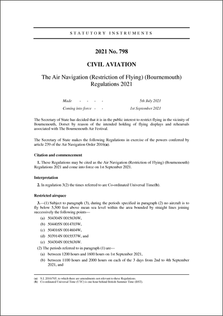 The Air Navigation (Restriction of Flying) (Bournemouth) Regulations 2021
