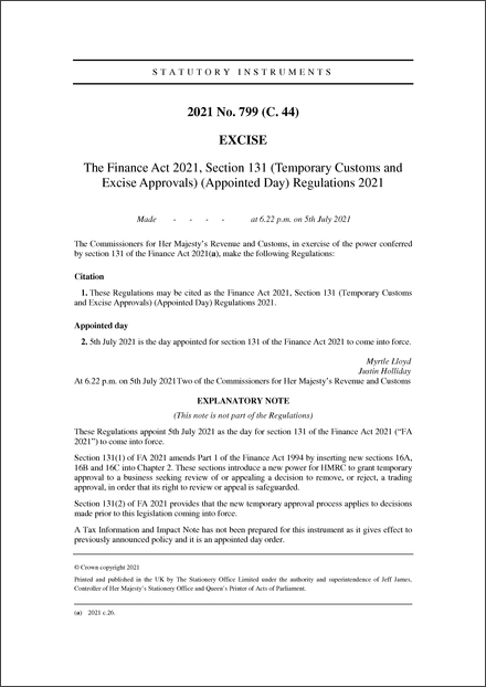 The Finance Act 2021, Section 131 (Temporary Customs and Excise Approvals) (Appointed Day) Regulations 2021