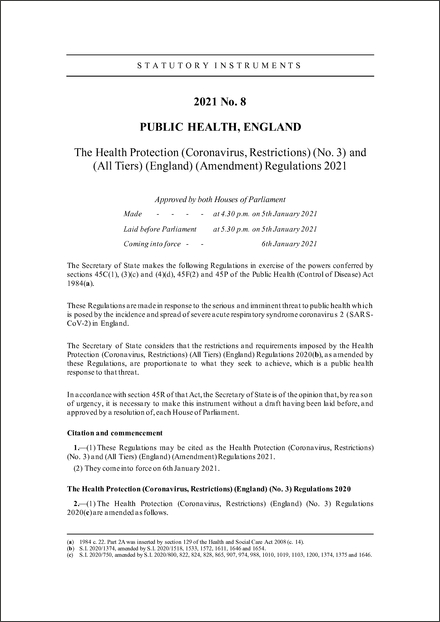 The Health Protection (Coronavirus, Restrictions) (No. 3) and (All Tiers) (England) (Amendment) Regulations 2021