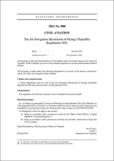 The Air Navigation (Restriction of Flying) (Topcliffe) Regulations 2021