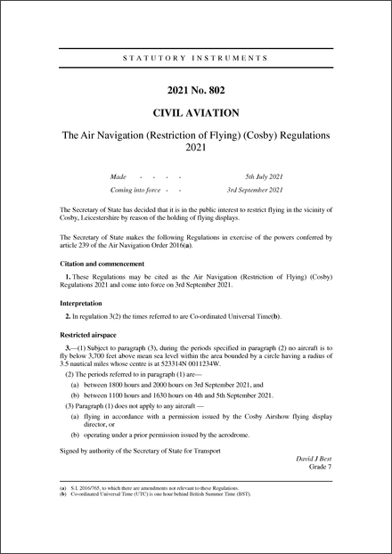 The Air Navigation (Restriction of Flying) (Cosby) Regulations 2021