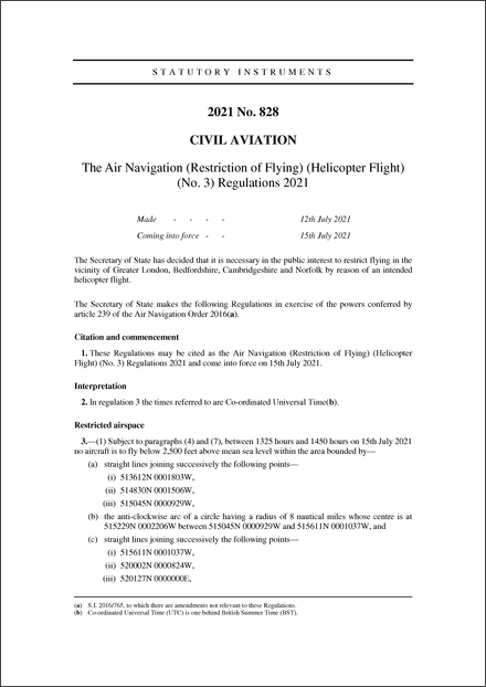 The Air Navigation (Restriction of Flying) (Helicopter Flight) (No. 3) Regulations 2021