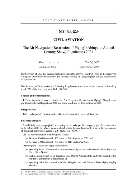 The Air Navigation (Restriction of Flying) (Abingdon Air and Country Show) Regulations 2021