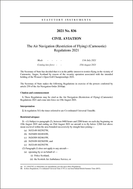 The Air Navigation (Restriction of Flying) (Carnoustie) Regulations 2021