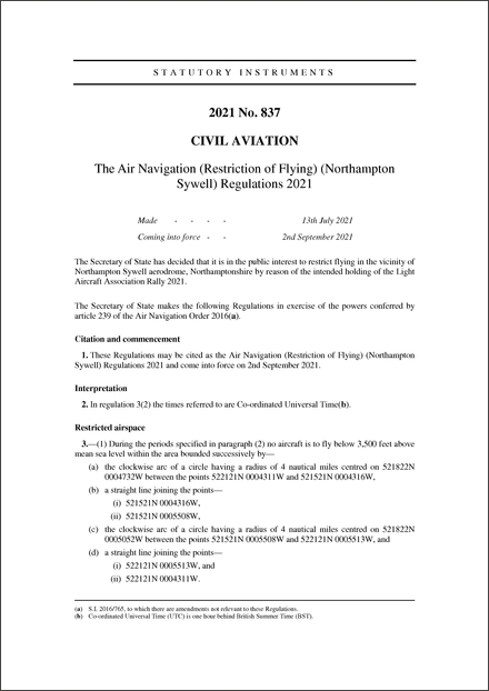 The Air Navigation (Restriction of Flying) (Northampton Sywell) Regulations 2021