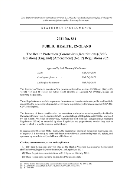 The Health Protection (Coronavirus, Restrictions) (Self-Isolation) (England) (Amendment) (No. 2) Regulations 2021