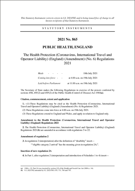The Health Protection (Coronavirus, International Travel and Operator Liability) (England) (Amendment) (No. 6) Regulations 2021