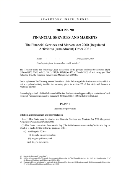 The Financial Services and Markets Act 2000 (Regulated Activities) (Amendment) Order 2021