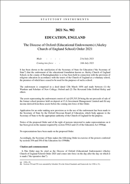 The Diocese of Oxford (Educational Endowments) (Akeley Church of England School) Order 2021
