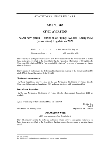 The Air Navigation (Restriction of Flying) (Goole) (Emergency) (Revocation) Regulations 2021