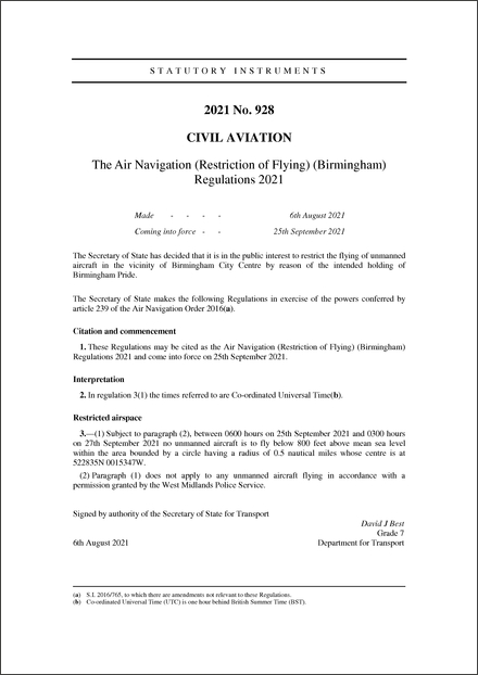 The Air Navigation (Restriction of Flying) (Birmingham) Regulations 2021