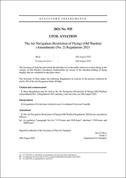 The Air Navigation (Restriction of Flying) (Old Warden) (Amendment) (No. 2) Regulations 2021