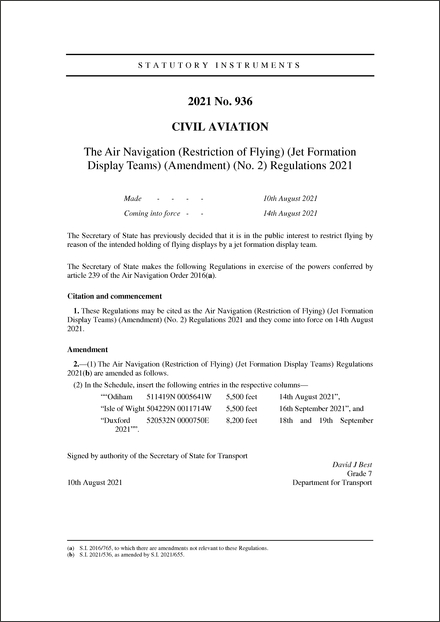 The Air Navigation (Restriction of Flying) (Jet Formation Display Teams) (Amendment) (No. 2) Regulations 2021