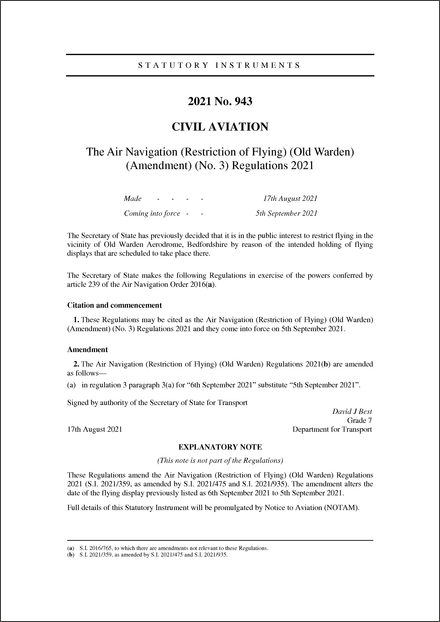 The Air Navigation (Restriction of Flying) (Old Warden) (Amendment) (No. 3) Regulations 2021