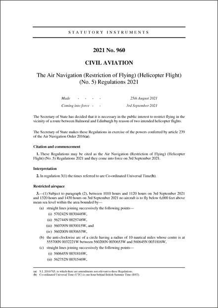 The Air Navigation (Restriction of Flying) (Helicopter Flight) (No. 5) Regulations 2021