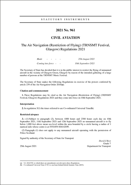 The Air Navigation (Restriction of Flying) (TRNSMT Festival, Glasgow) Regulations 2021