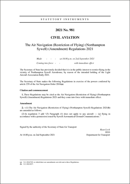The Air Navigation (Restriction of Flying) (Northampton Sywell) (Amendment) Regulations 2021