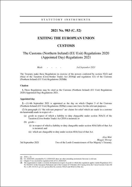 The Customs (Northern Ireland) (EU Exit) Regulations 2020 (Appointed Day) Regulations 2021
